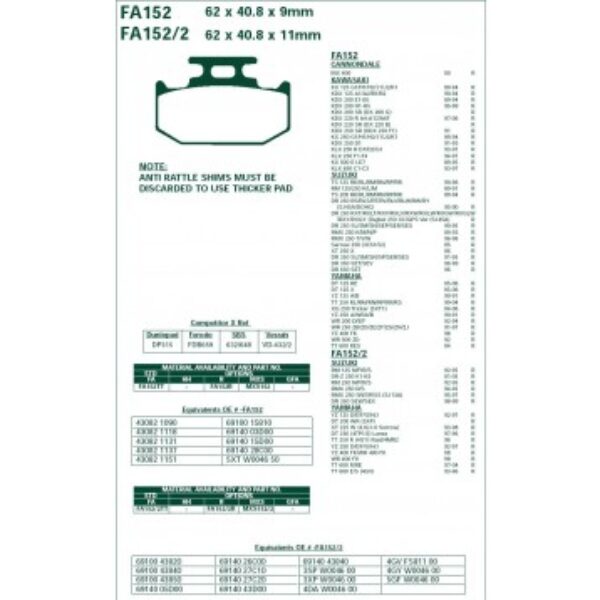 Klocki hamulcowe EBC FA152/2 Kawasaki KLX ,Yamaha DT 125