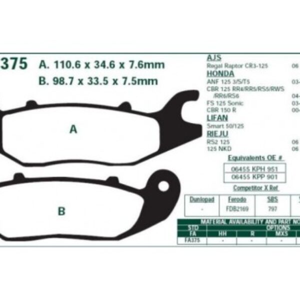 Klocki hamulcowe EBC FA375 Honda CBF125